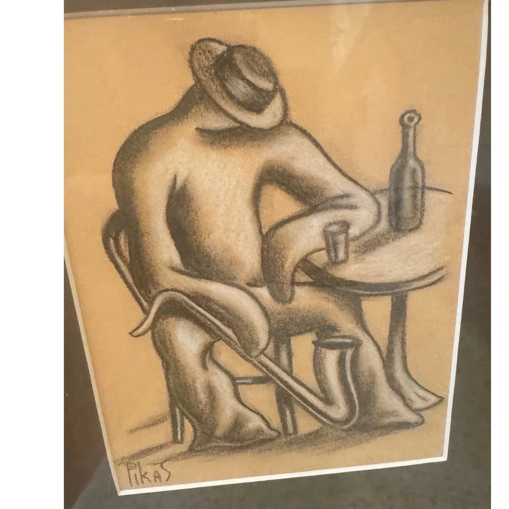 Alex Pikas Cubist Style Signed Original Drawing Framed Cafe Figure Art‎ UV Glass